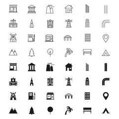City silhouettes and outline icons set