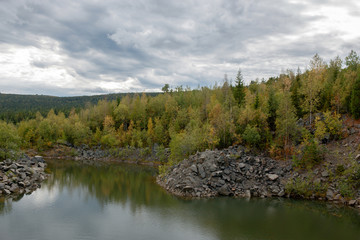 Panorama of lake scenes in national park Kachkanar, Russia