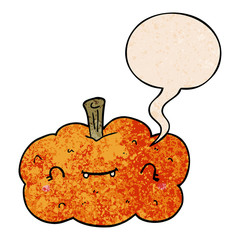 cartoon pumpkin and speech bubble in retro texture style