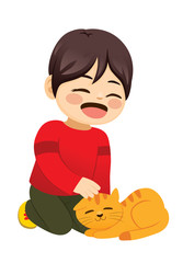Cute little boy petting his pet cat
