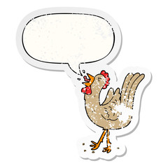 cartoon crowing cockerel and speech bubble distressed sticker