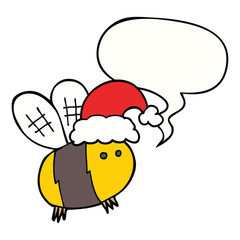 cute cartoon bee wearing christmas hat and speech bubble