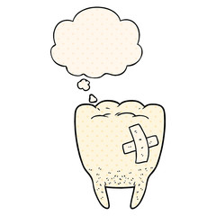 cartoon bad tooth and thought bubble in comic book style