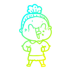 cold gradient line drawing cartoon happy old woman
