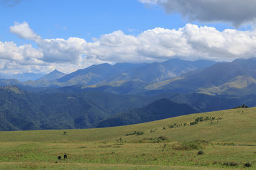 Panorama view of mountains and valley scenes in national park Dombay