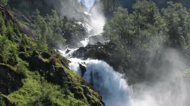 Latefoss or Latefossen waterfall. It consists of two separate streams flowing down. Municipality of Odda, Hordaland county, Norway. Europe