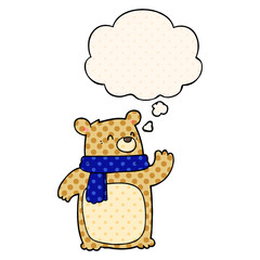 cartoon bear wearing scarf and thought bubble in comic book style