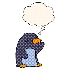 cartoon penguin and thought bubble in comic book style