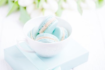 Mint or tiffany color macaron or macaroon dessert with vanilla cream in white cup. Copy space