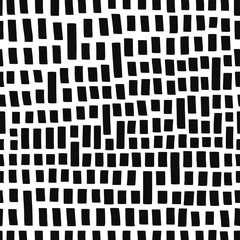 Vertical brick wall hand drawn vector seamless pattern. Stripes and dashes geometrical simple abstract texture. Monochrome black sketch on white background. Abstract wrapping paper textile design