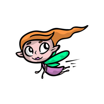 Cute long red hair fairy with green wings