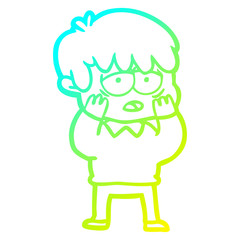 cold gradient line drawing cartoon exhausted boy