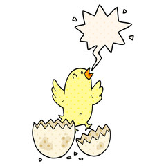 cartoon bird hatching from egg and speech bubble in comic book style