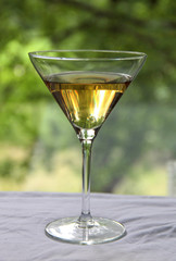 Vintage glass goblet on green background