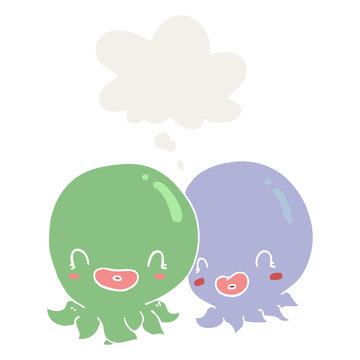 two cartoon octopi  and thought bubble in retro style