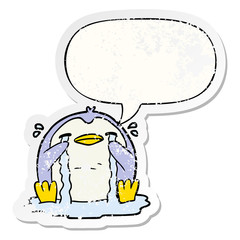 cartoon crying penguin and speech bubble distressed sticker