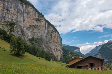 View closeup waterfall Staubbach fall in mountains, valley of waterfalls