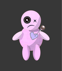 Single charcter, voodoo doll on grey background, little monster on dark grey back, unhappy love symbol, stressful emotions in a relationship, cartoon illustrations of african tradishional joss