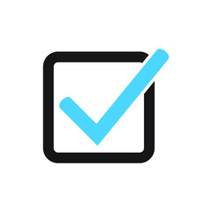 Tick icon vector symbol, checkmark isolated on white background, checked icon or correct choice sign, check mark or checkbox pictogram