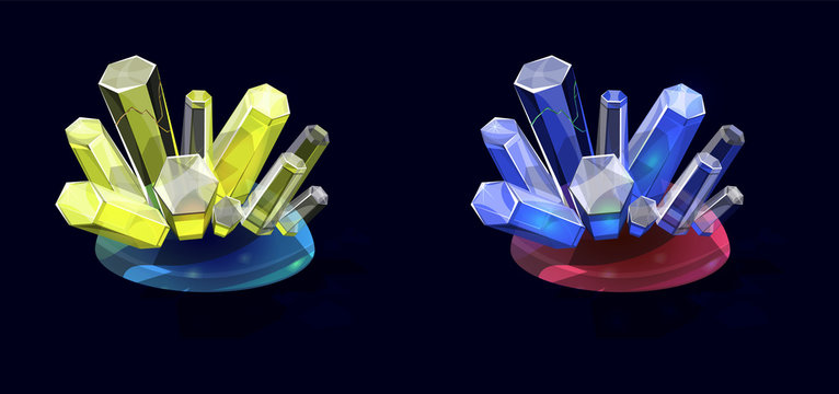 Set of isolated crystals, casual realistic icons for game. Gem stones with transparent outgrowths, rock crystal, isolated graphic elements