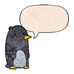 cartoon penguin and speech bubble in retro texture style