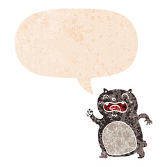cartoon cat and speech bubble in retro textured style