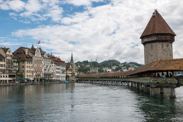Panoramic view of Lucerne city with Chapel Bridge and river Reuss