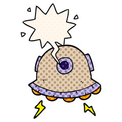 cartoon UFO and speech bubble in comic book style