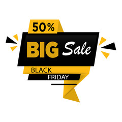 Sale banner template design. Big sale special offer. Special offer banner for poster, flyer, brochure, sticker. Vector illustration. Black and orange folded ribbon with 50 % discount.