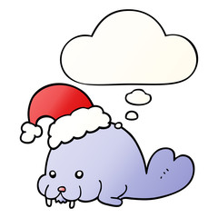 cartoon christmas walrus and thought bubble in smooth gradient style