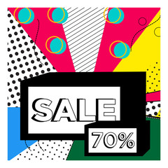 Colorful dotted red yellow blue elements with 70% discount. Sale banner template design. Colored 70% discount Big sale special offer. Special offer banner for poster, flyer. Vector illustration.