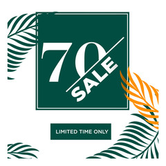 Tropical limited time summer elements. Sale banner template design. Big sale special offer. Palm tree leaves with 70% discount. Special offer banner for poster, flyer, sticker. Vector illustration.