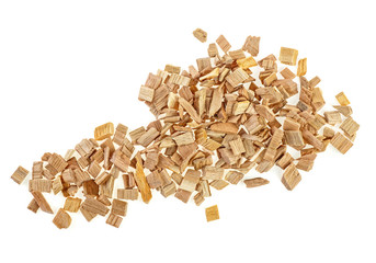 Pile of wood smoking chips isolated on white background, top view.