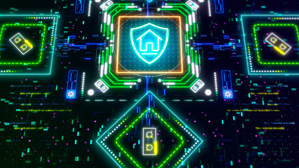 Fototapeta premium Smart home security and protection symbol. 3d render with glow neon colors.