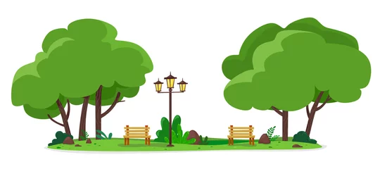 Fototapeten Cozy city park with benches and street lamps. Vector illustration of a flat style. © EkaterinaGr