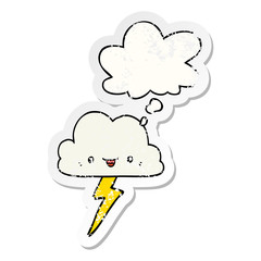 cartoon storm cloud and thought bubble as a distressed worn sticker
