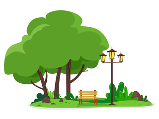 A cozy place in the city park with a bench and a street lamp. Vector illustration of a flat style. - obrazy, fototapety, plakaty