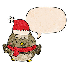 cute christmas owl and speech bubble in retro texture style