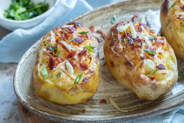 Baked loaded potato with bacon, cheese, sour cream and onion