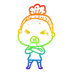 rainbow gradient line drawing cartoon angry old woman