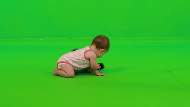 Adorable baby girl laughing and playing with her puppet over a green screen.