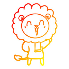 warm gradient line drawing laughing lion cartoon in winter clothes