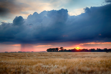 Beautiful sunset and storm clouds over the fields, on the last day of spring, in Biskupice Podgorne...