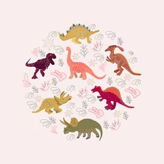 Behang Dinosaurussen Ronde vorm met kleurrijke dinosaurussen