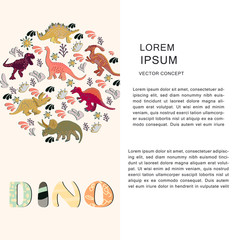 Vertical template with dinosaurs round flat hand drawn composition.