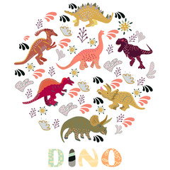 Circle shape with dinosaurs and hand lettering dino