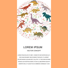 Vertical template with dinosaurs circle shape flat composition.