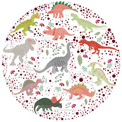 Colourful dinosaurs round flat hand drawn composition on white background