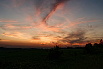 A beautiful sky during dawn with minor clouds. Sun already hid behind horizon. Few green trees are growing at the field, a lot of grass between around.