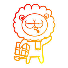 warm gradient line drawing cartoon tired lion with gift